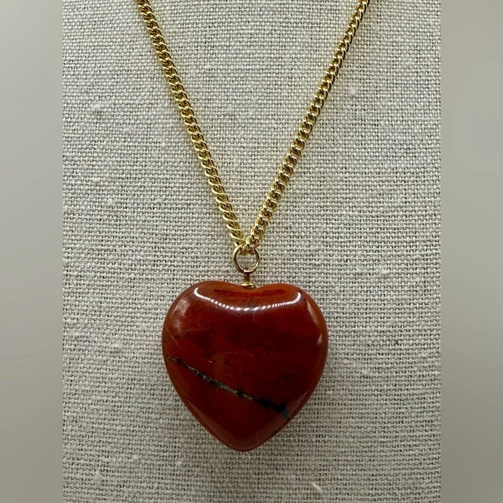 Red Jasper Heart Pendant Necklace Gold Plated Chain Adjustable Clasp Germany‎